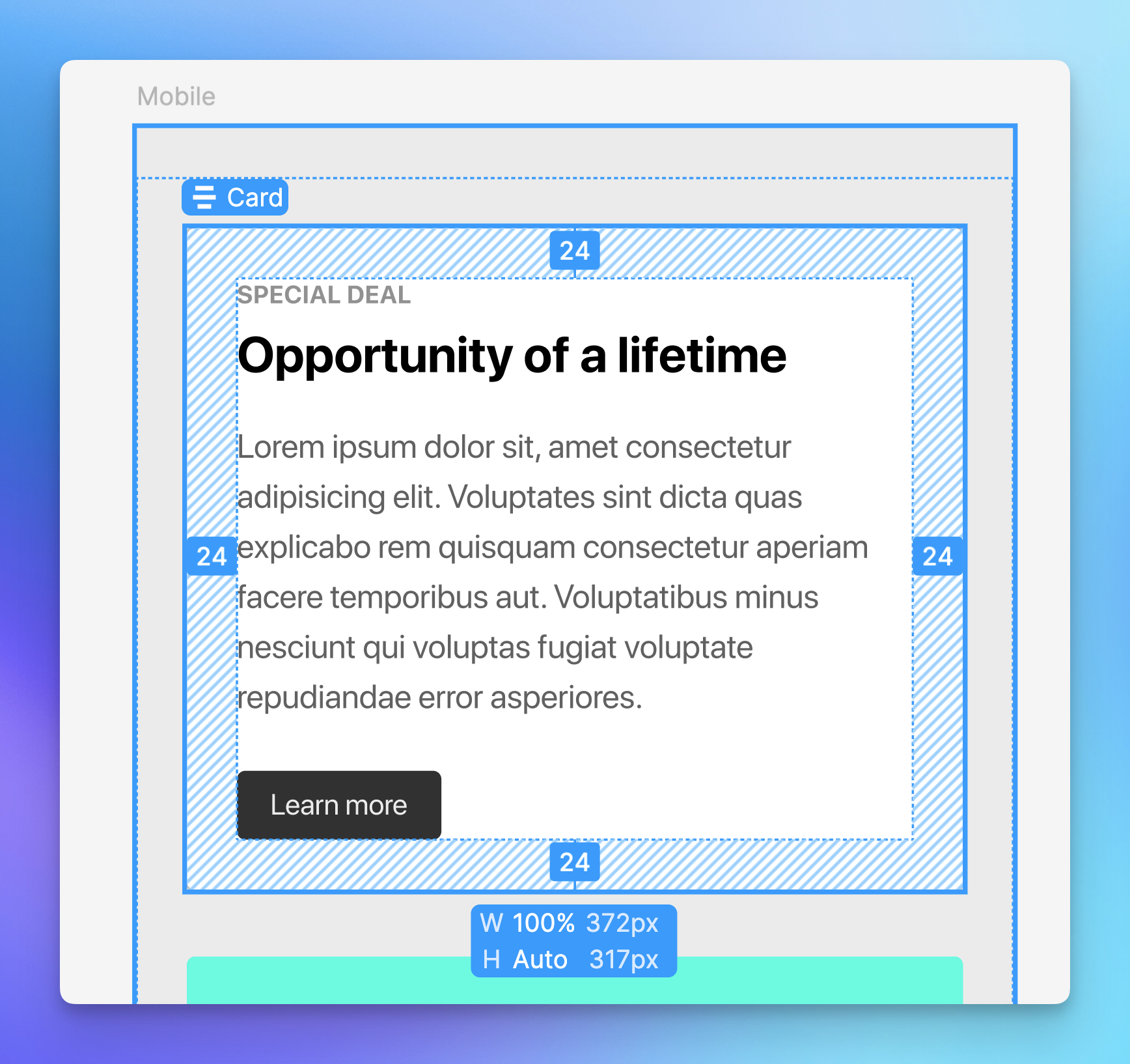 screenshot of Figma's DevMode tools to inspect spacing between layers and elements