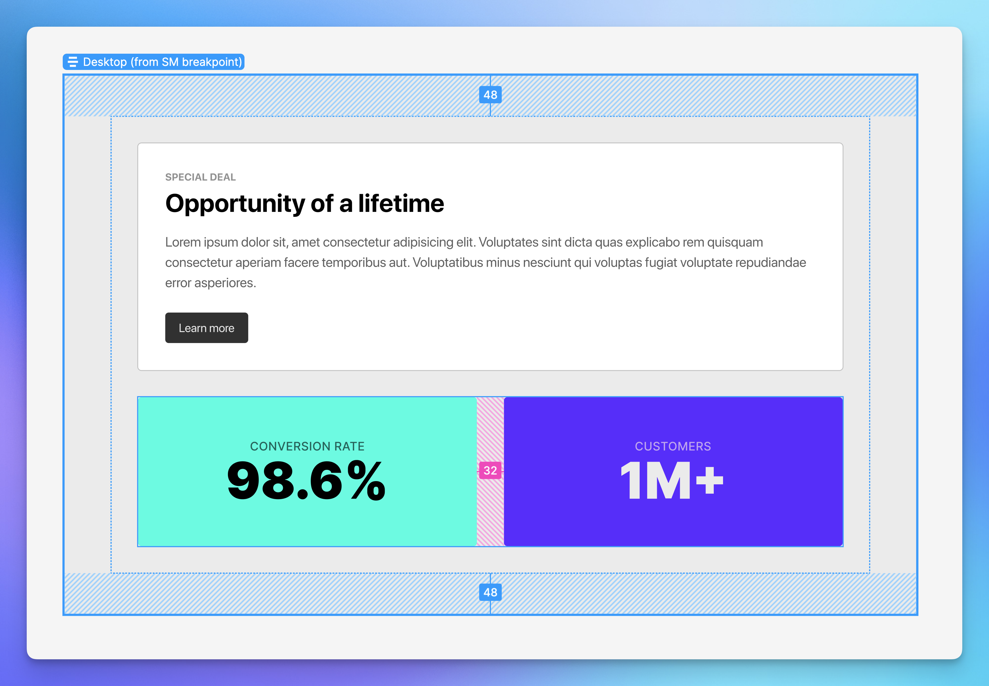 screenshot of Figma's DevMode tools to inspect spacing between layers and elements